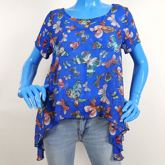 Dorothy USA Semi Sheer Butterfly Top Blouse Hanky Hem M 8 10 Georgette Short Sle - Picture 1 of 6